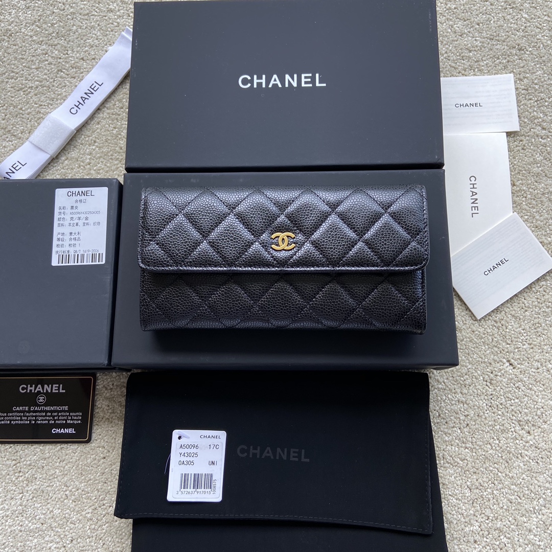 [TOP] CHANEL Long Folding Calfskin Wallet 19×10.5×3cm - Black & GHW/SHW