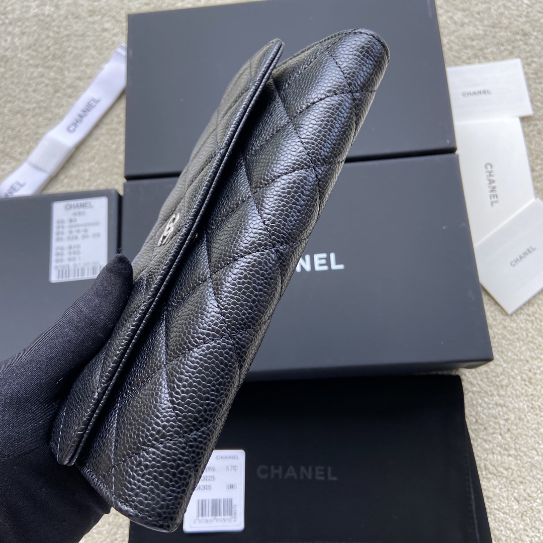[TOP] CHANEL Long Folding Calfskin Wallet 19×10.5×3cm - Black & GHW/SHW