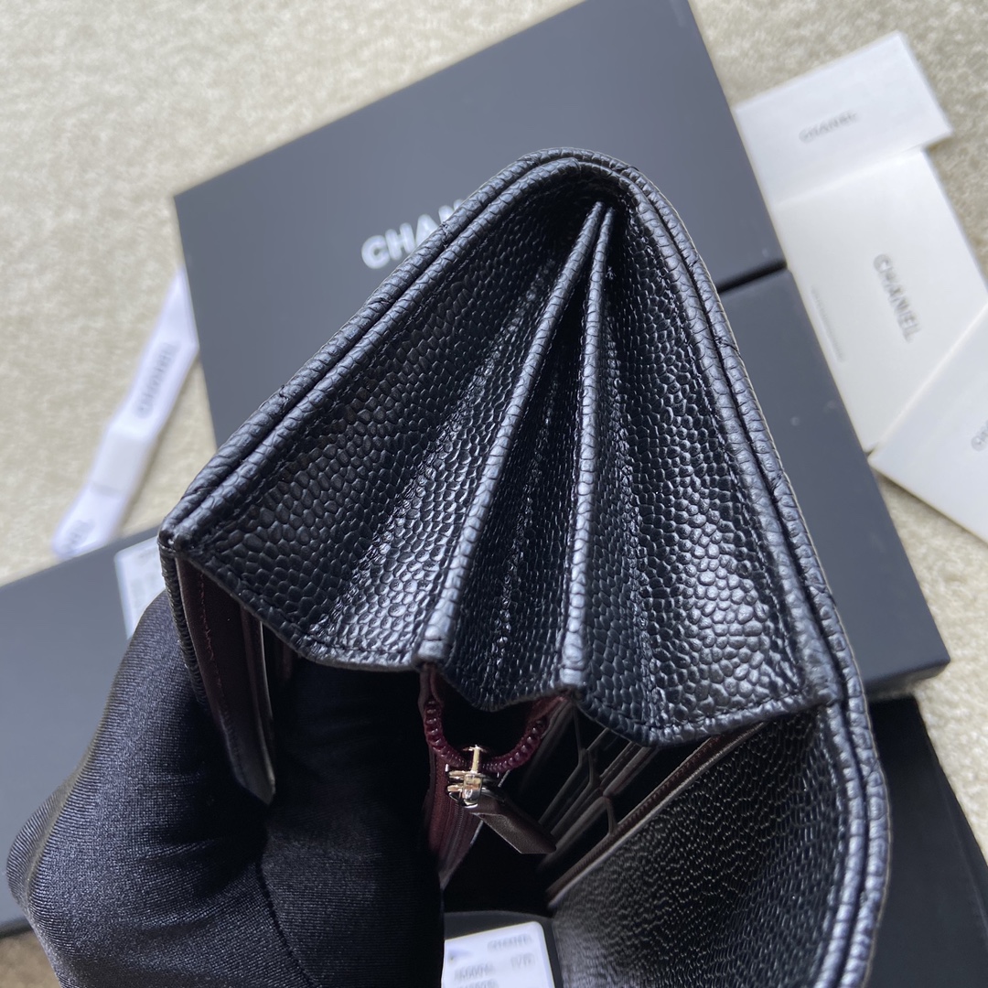 [TOP] CHANEL Long Folding Calfskin Wallet 19×10.5×3cm - Black & GHW/SHW