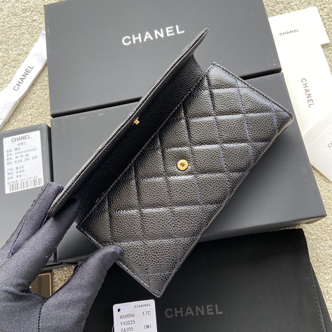 [TOP] CHANEL Long Folding Calfskin Wallet 19×10.5×3cm - Black & GHW/SHW