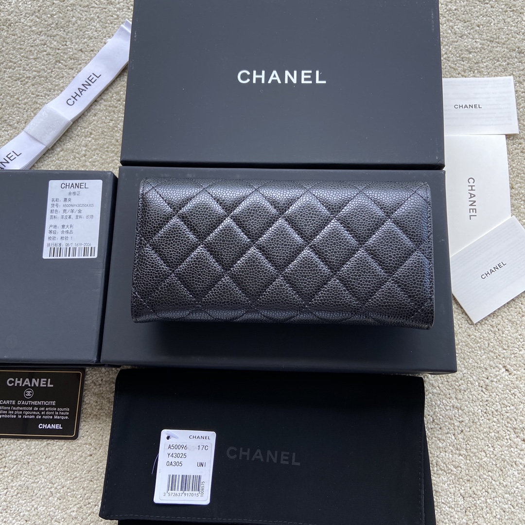 [TOP] CHANEL Long Folding Calfskin Wallet 19×10.5×3cm - Black & GHW/SHW