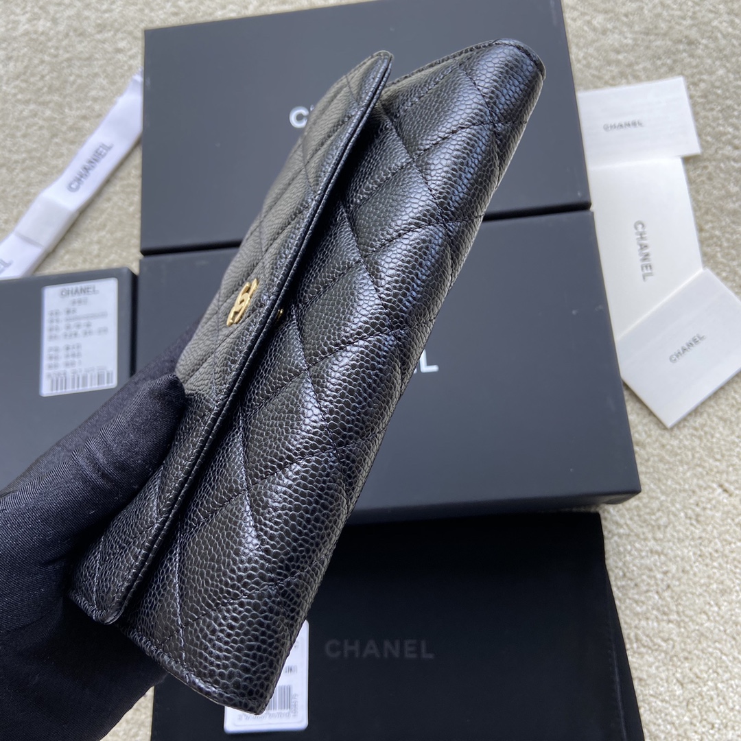 [TOP] CHANEL Long Folding Calfskin Wallet 19×10.5×3cm - Black & GHW/SHW