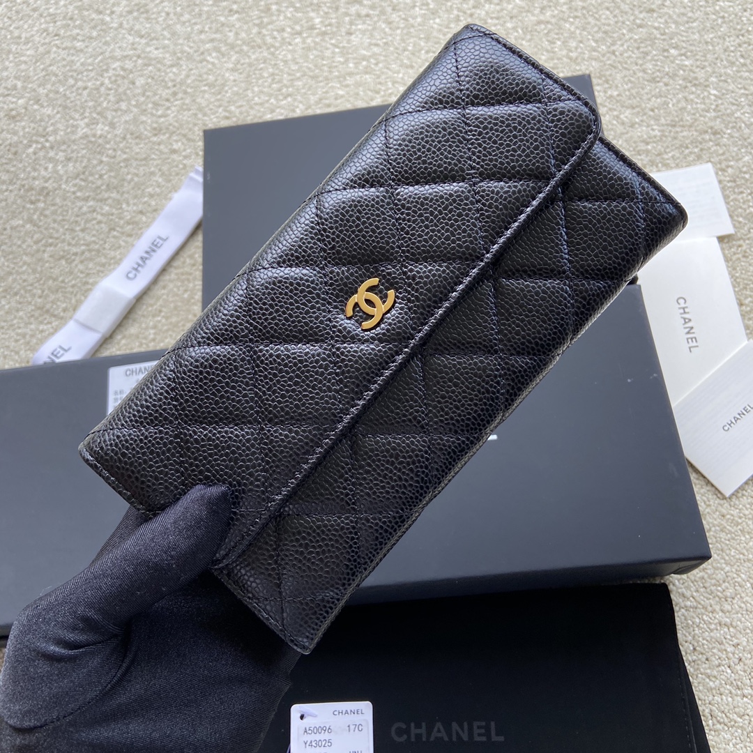 [TOP] CHANEL Long Folding Calfskin Wallet 19×10.5×3cm - Black & GHW/SHW