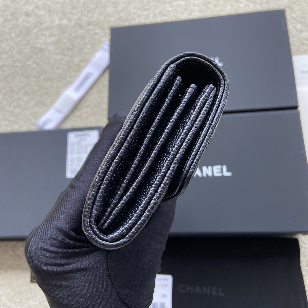 [TOP] CHANEL Long Folding Calfskin Wallet 19×10.5×3cm - Black & GHW/SHW