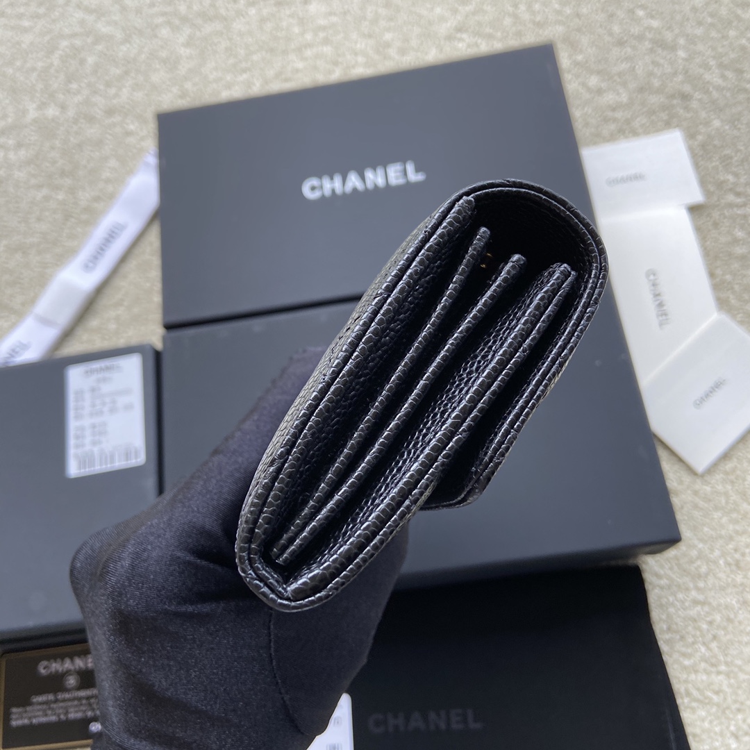 [TOP] CHANEL Long Folding Calfskin Wallet 19×10.5×3cm - Black & GHW/SHW