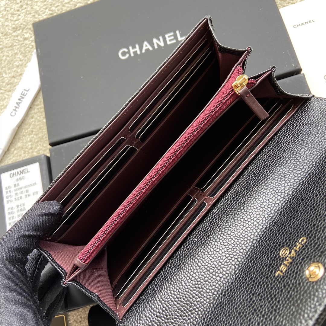 [TOP] CHANEL Long Folding Calfskin Wallet 19×10.5×3cm - Black & GHW/SHW