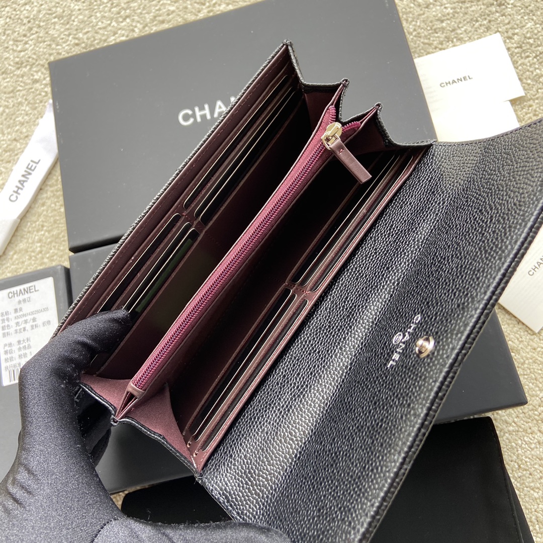[TOP] CHANEL Long Folding Calfskin Wallet 19×10.5×3cm - Black & GHW/SHW