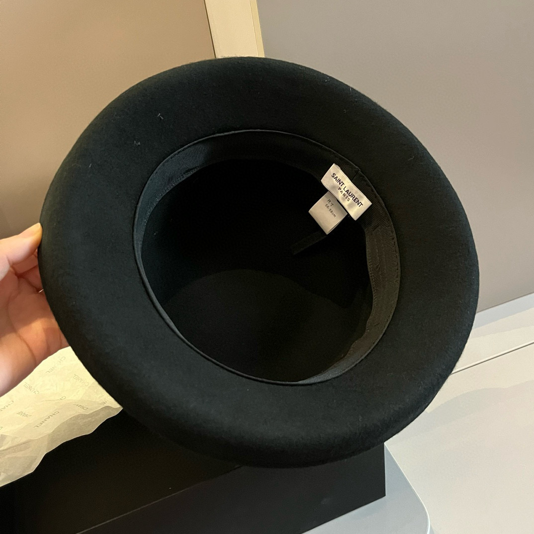[TOP] Yves Saint Laurent YSL Wool Flat Top Hat - Black