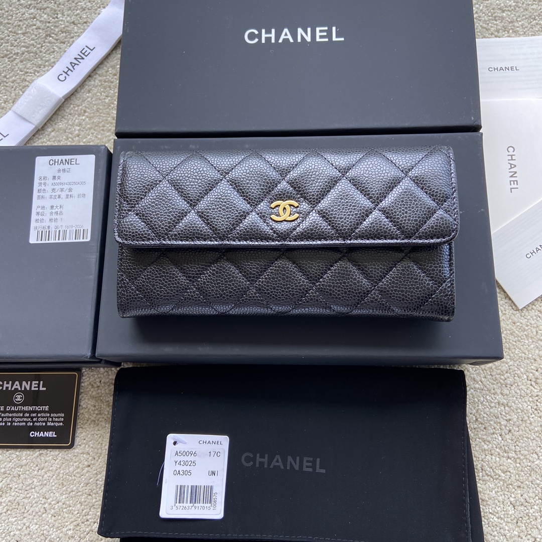 [TOP] CHANEL Long Folding Calfskin Wallet 19×10.5×3cm - Black & GHW/SHW