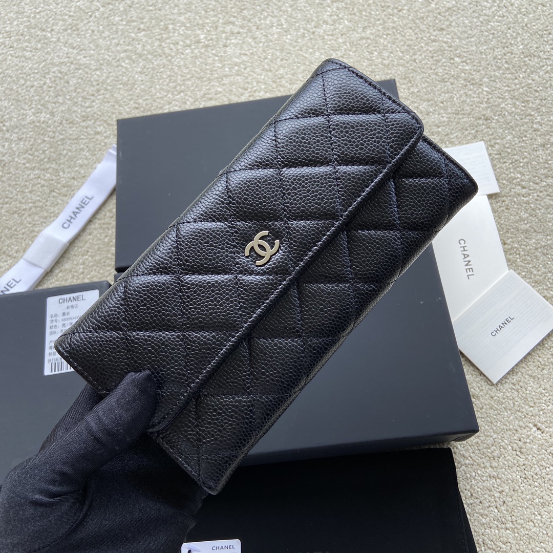 [TOP] CHANEL Long Folding Calfskin Wallet 19×10.5×3cm - Black & GHW/SHW