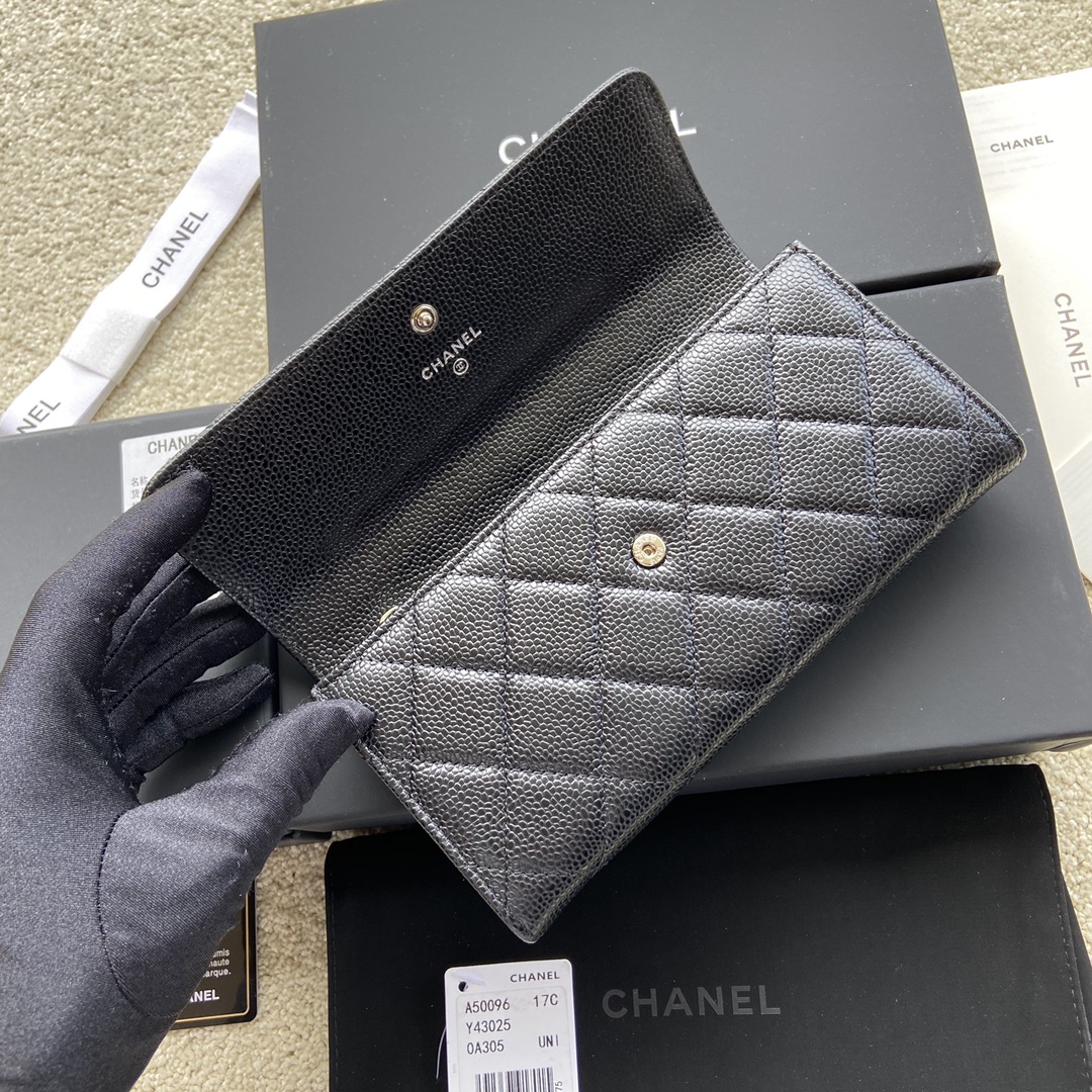 [TOP] CHANEL Long Folding Calfskin Wallet 19×10.5×3cm - Black & GHW/SHW