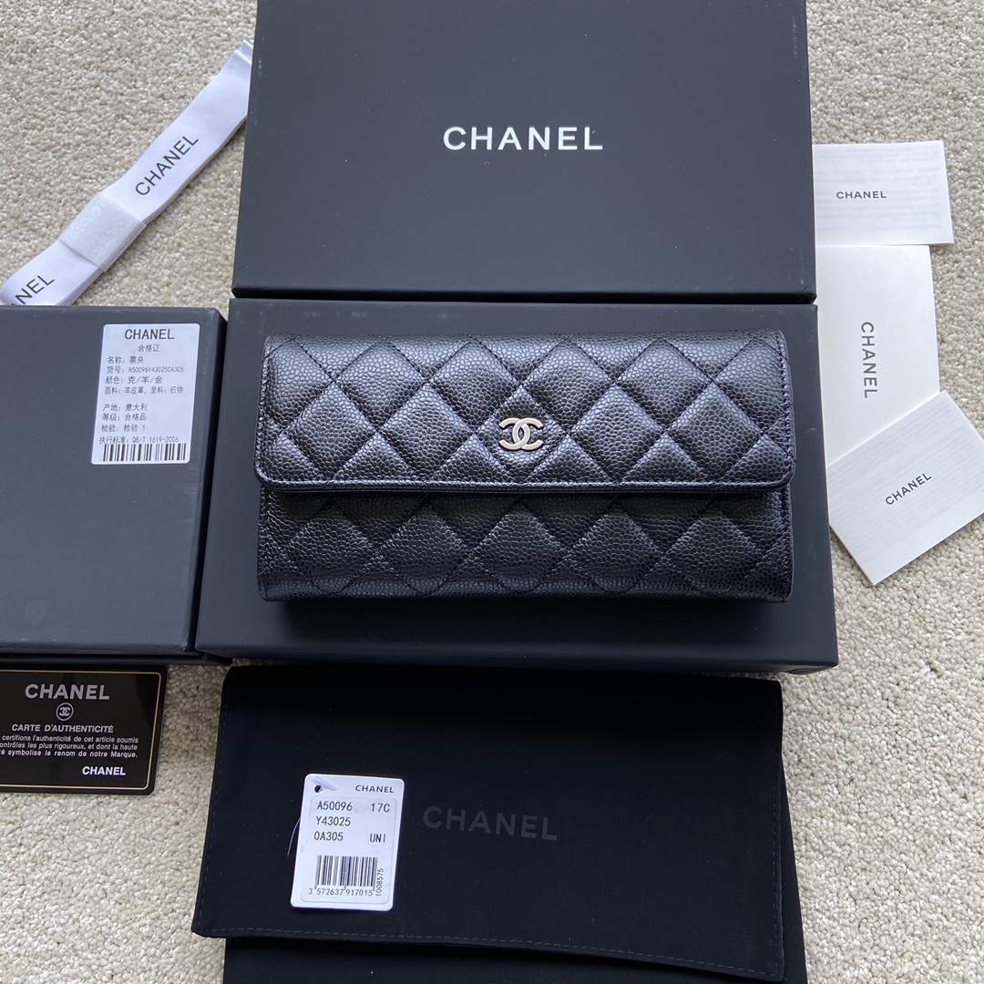 [TOP] CHANEL Long Folding Calfskin Wallet 19×10.5×3cm - Black & GHW/SHW