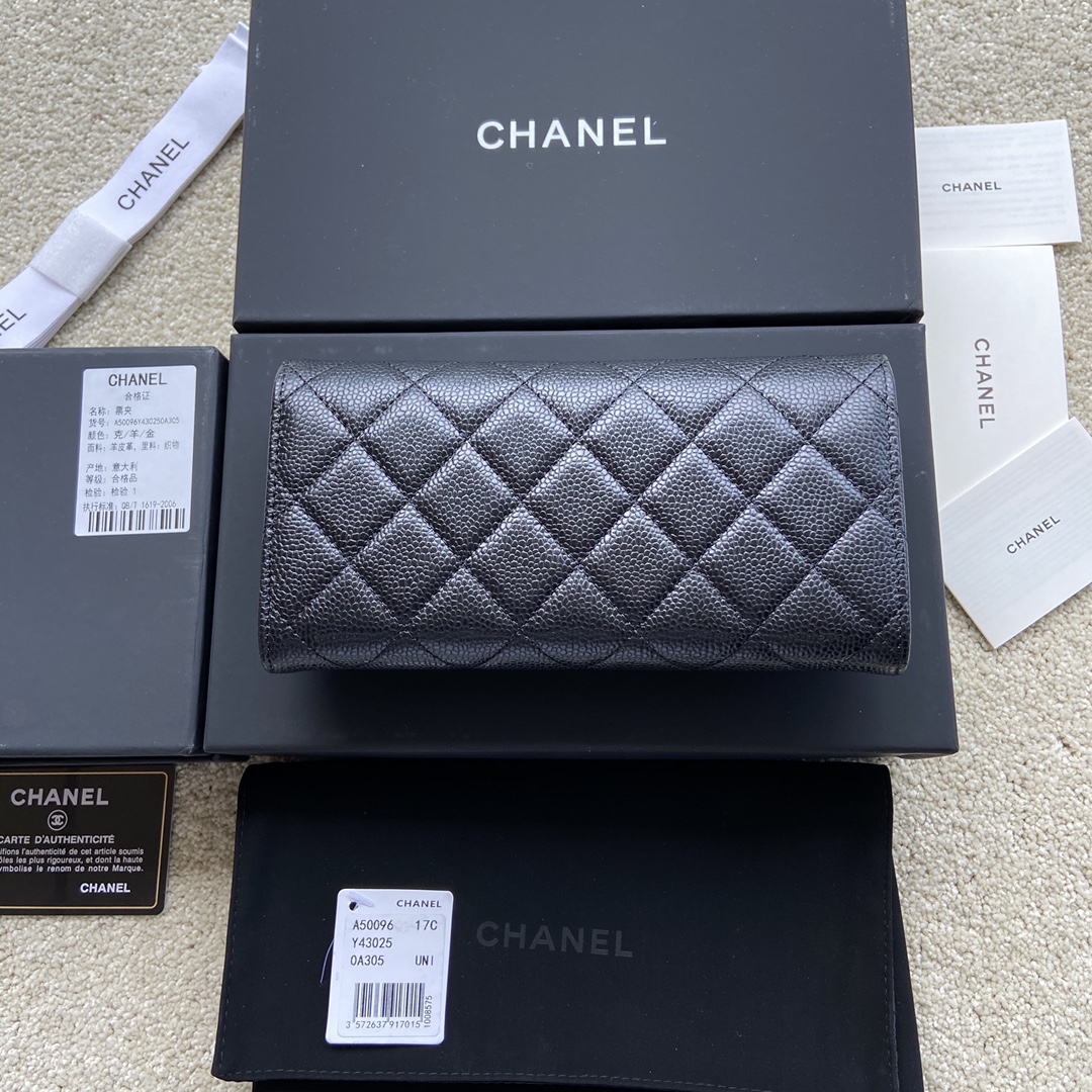 [TOP] CHANEL Long Folding Calfskin Wallet 19×10.5×3cm - Black & GHW/SHW