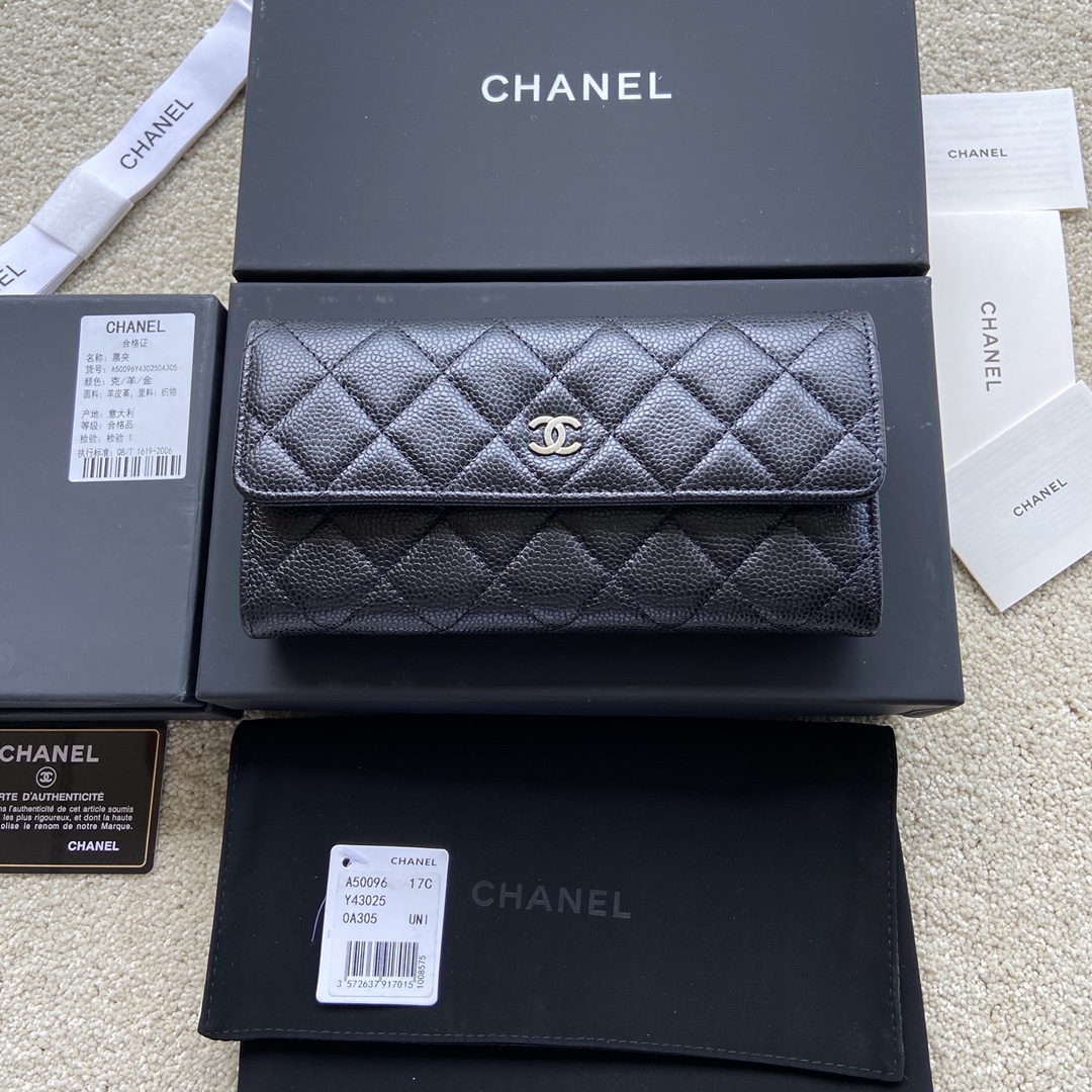 [TOP] CHANEL Long Folding Calfskin Wallet 19×10.5×3cm - Black & GHW/SHW