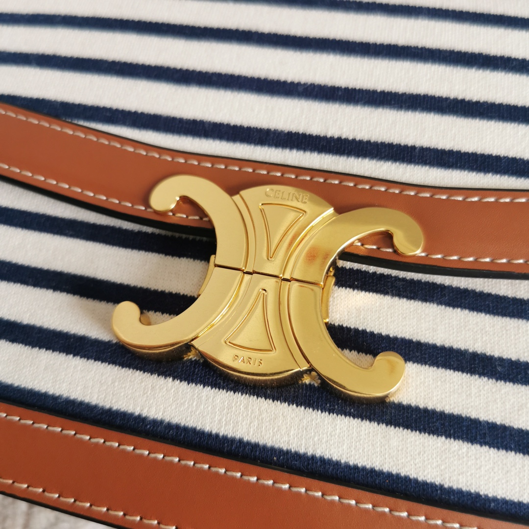 [TOP] CELINE Triomphe Bag Linen Patchwork 22.5x16.5x7cm - White/Blue