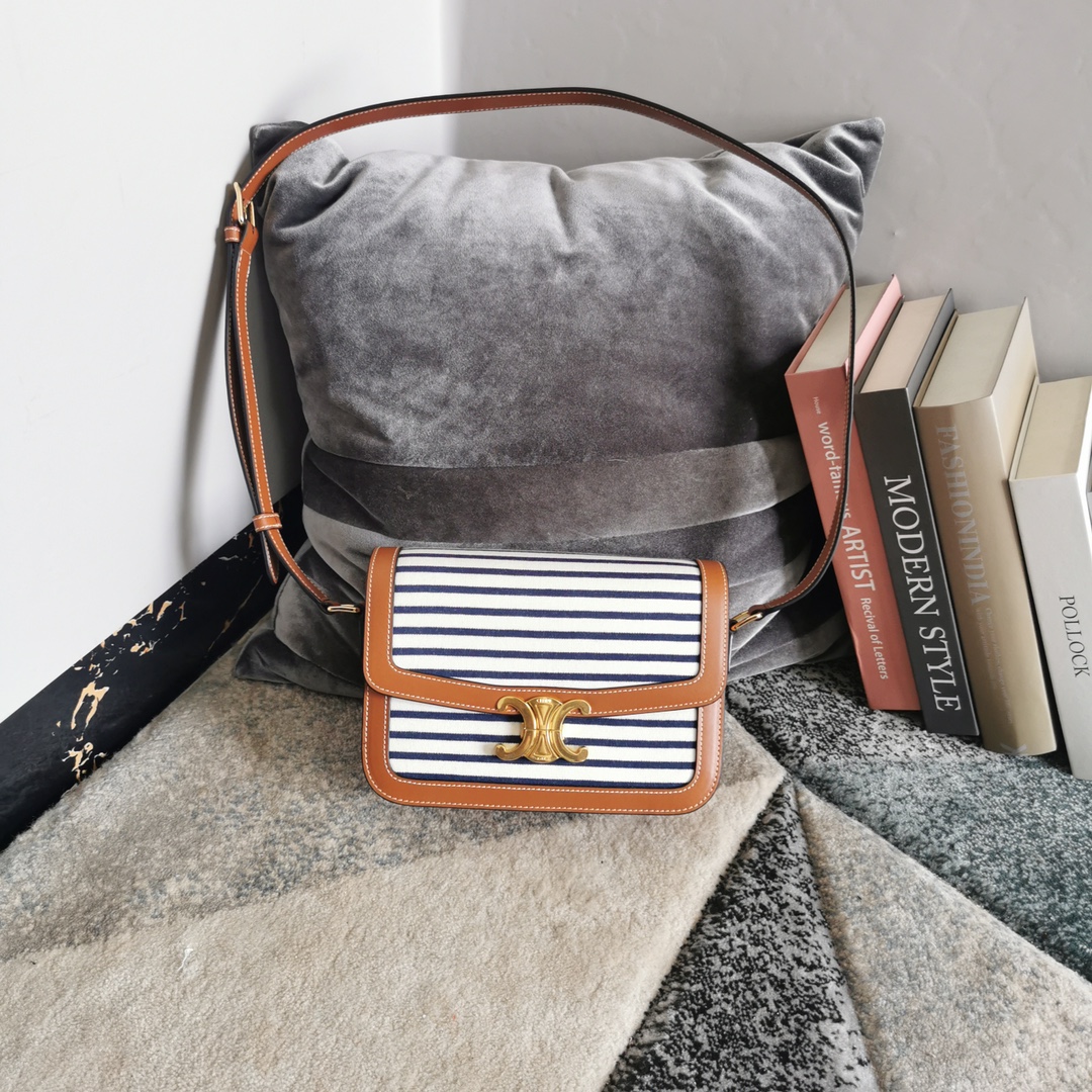 [TOP] CELINE Triomphe Bag Linen Patchwork 22.5x16.5x7cm - White/Blue