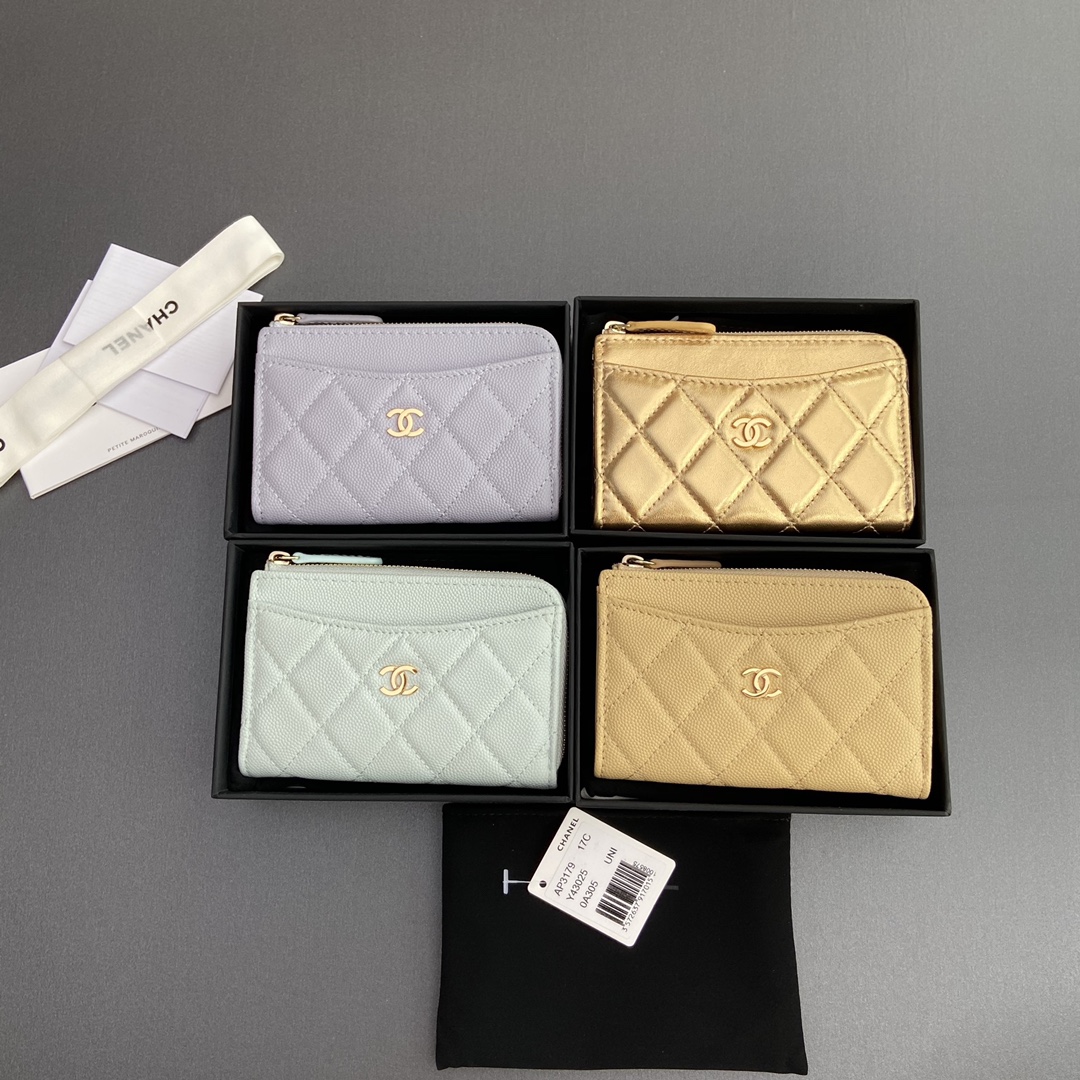 [TOP] CHANEL Zipped Cardholder Calfskin/Lambskin 13x9x2cm -12 Color