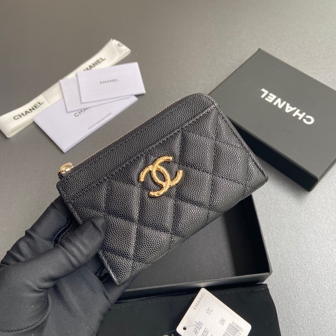 [TOP] CHANEL Zipper Card Holder Calfskin 13x9x2cm - Black & GHW