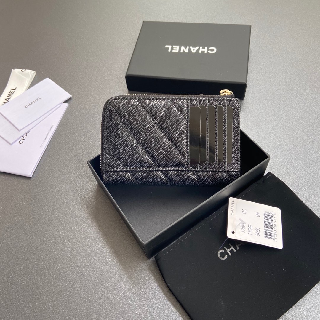 [TOP] CHANEL Zipper Card Holder Calfskin 13x9x2cm - Black & GHW