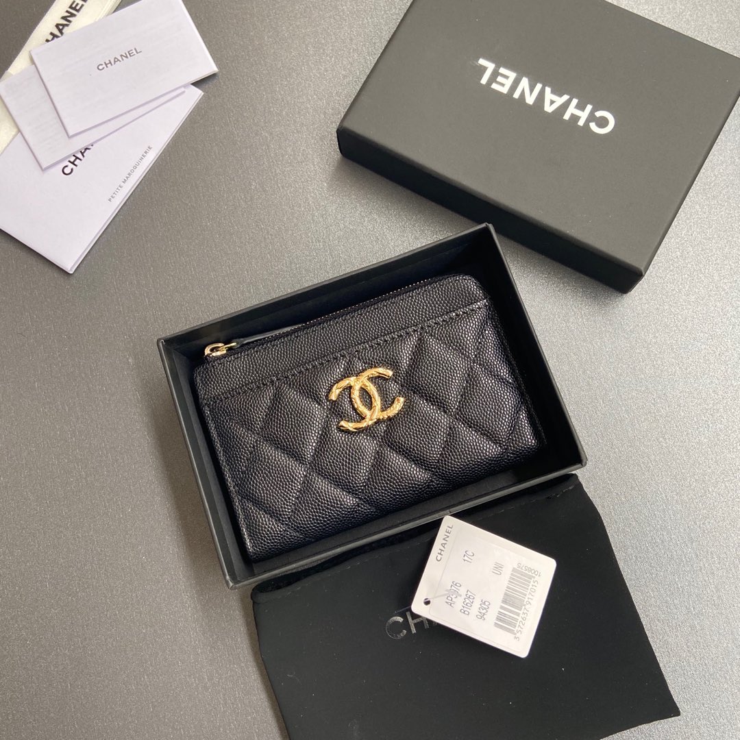 [TOP] CHANEL Zipper Card Holder Calfskin 13x9x2cm - Black & GHW