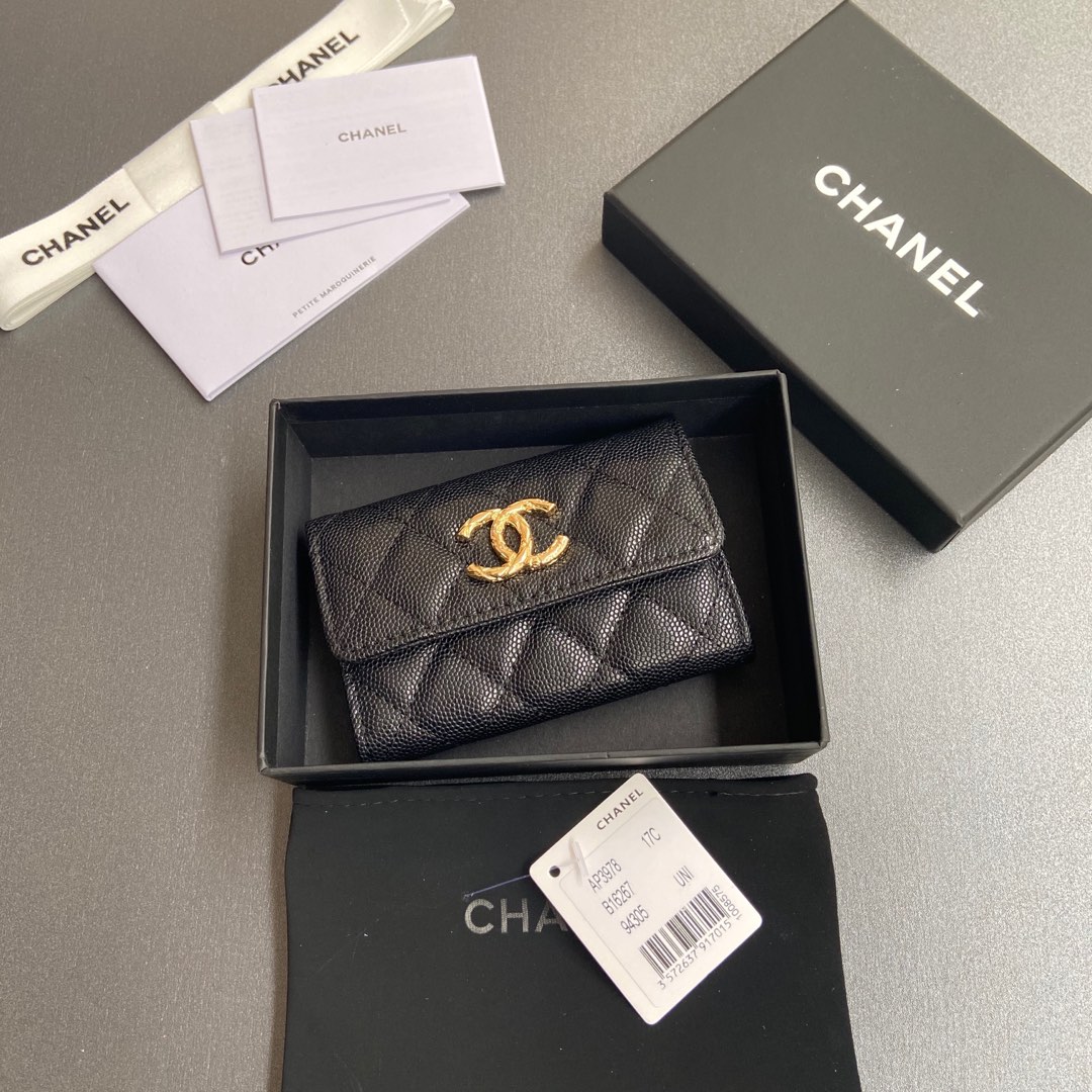 [TOP] CHANEL Card Holder Calfskin 11x7cm - Black & GHW