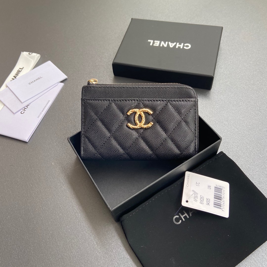 [TOP] CHANEL Zipper Card Holder Calfskin 13x9x2cm - Black & GHW
