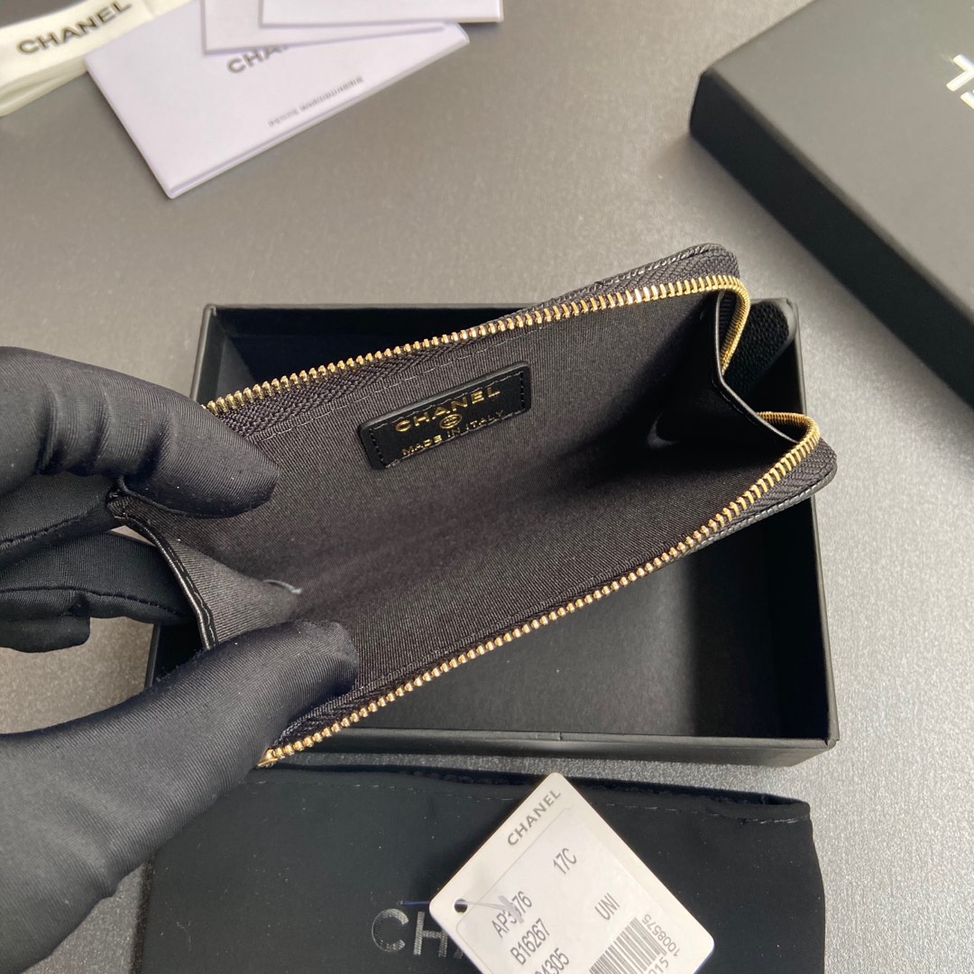 [TOP] CHANEL Zipper Card Holder Calfskin 13x9x2cm - Black & GHW