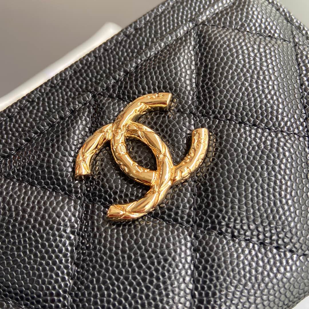 [TOP] CHANEL Card Holder Calfskin 11x7.5cm - Black & GHW