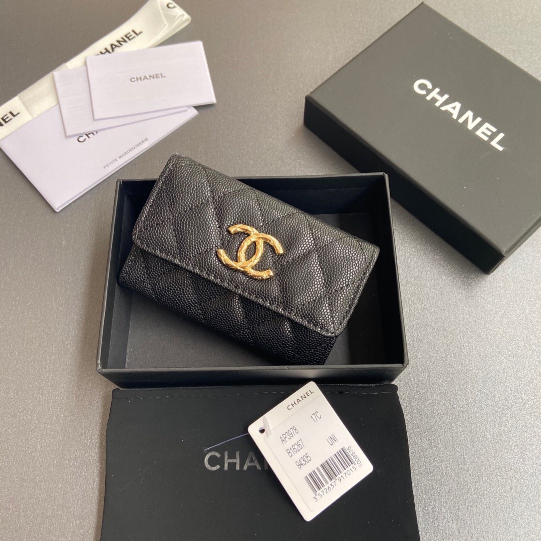 [TOP] CHANEL Card Holder Calfskin 11x7cm - Black & GHW