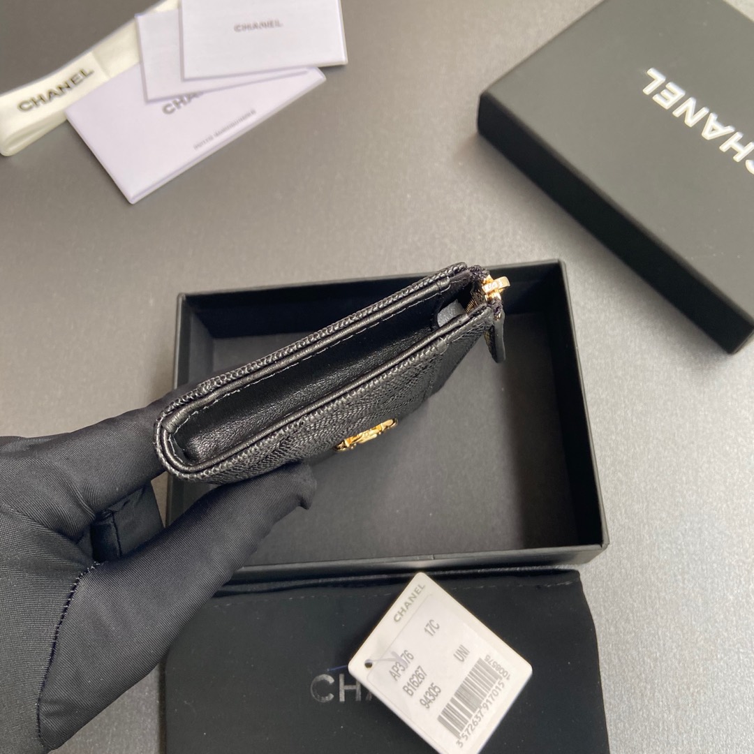 [TOP] CHANEL Zipper Card Holder Calfskin 13x9x2cm - Black & GHW