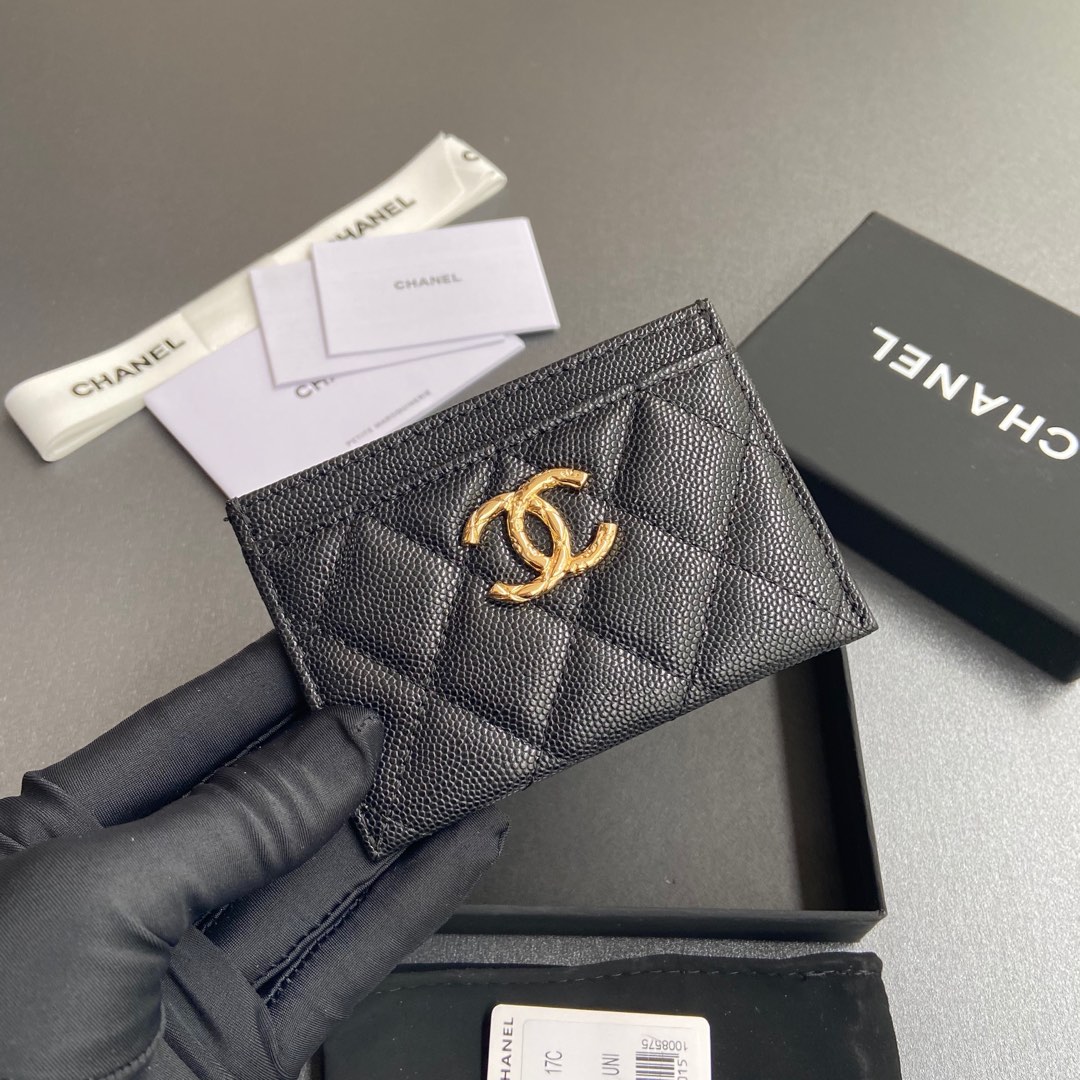 [TOP] CHANEL Card Holder Calfskin 11x7.5cm - Black & GHW
