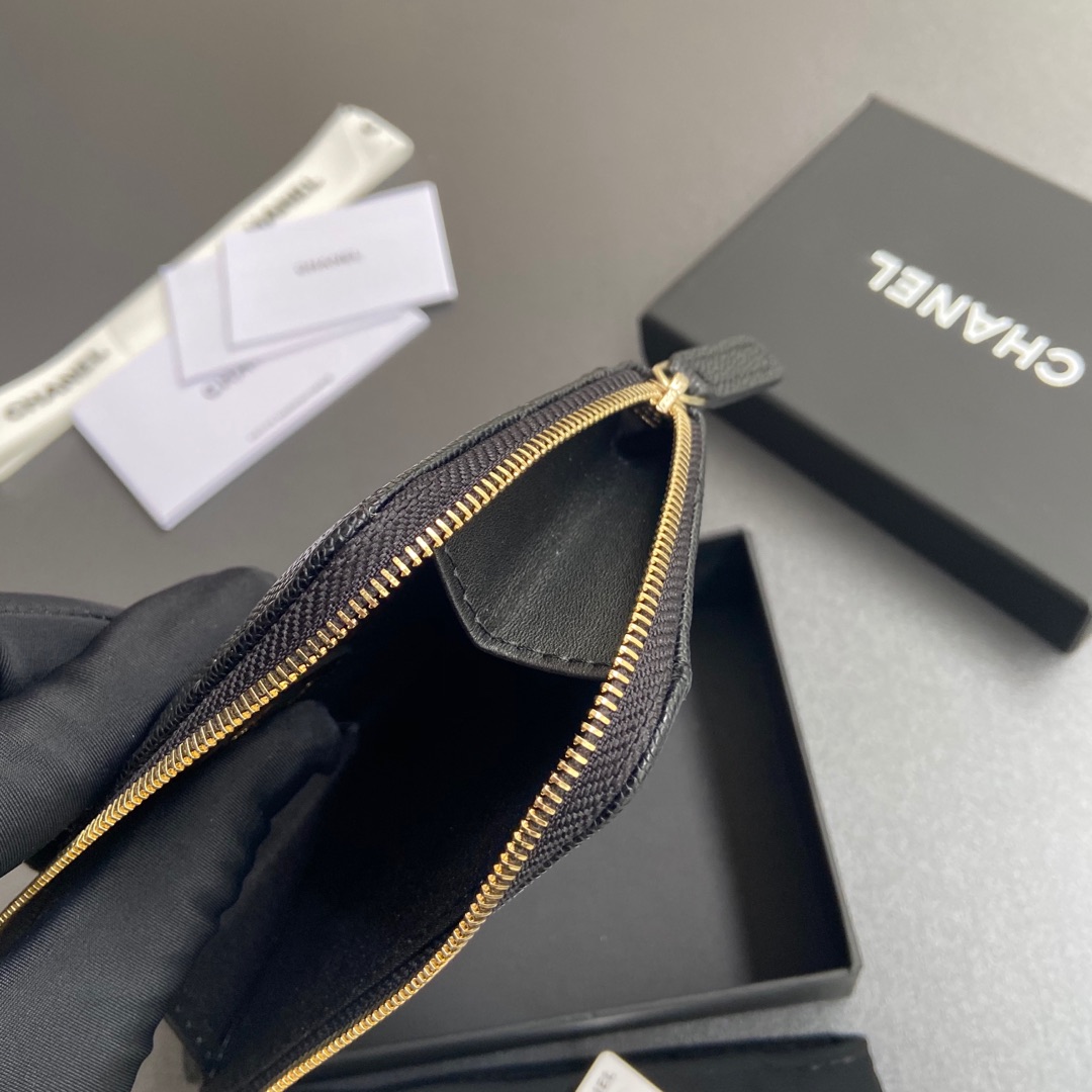 [TOP] CHANEL Zipper Card Holder Calfskin 13x9x2cm - Black & GHW