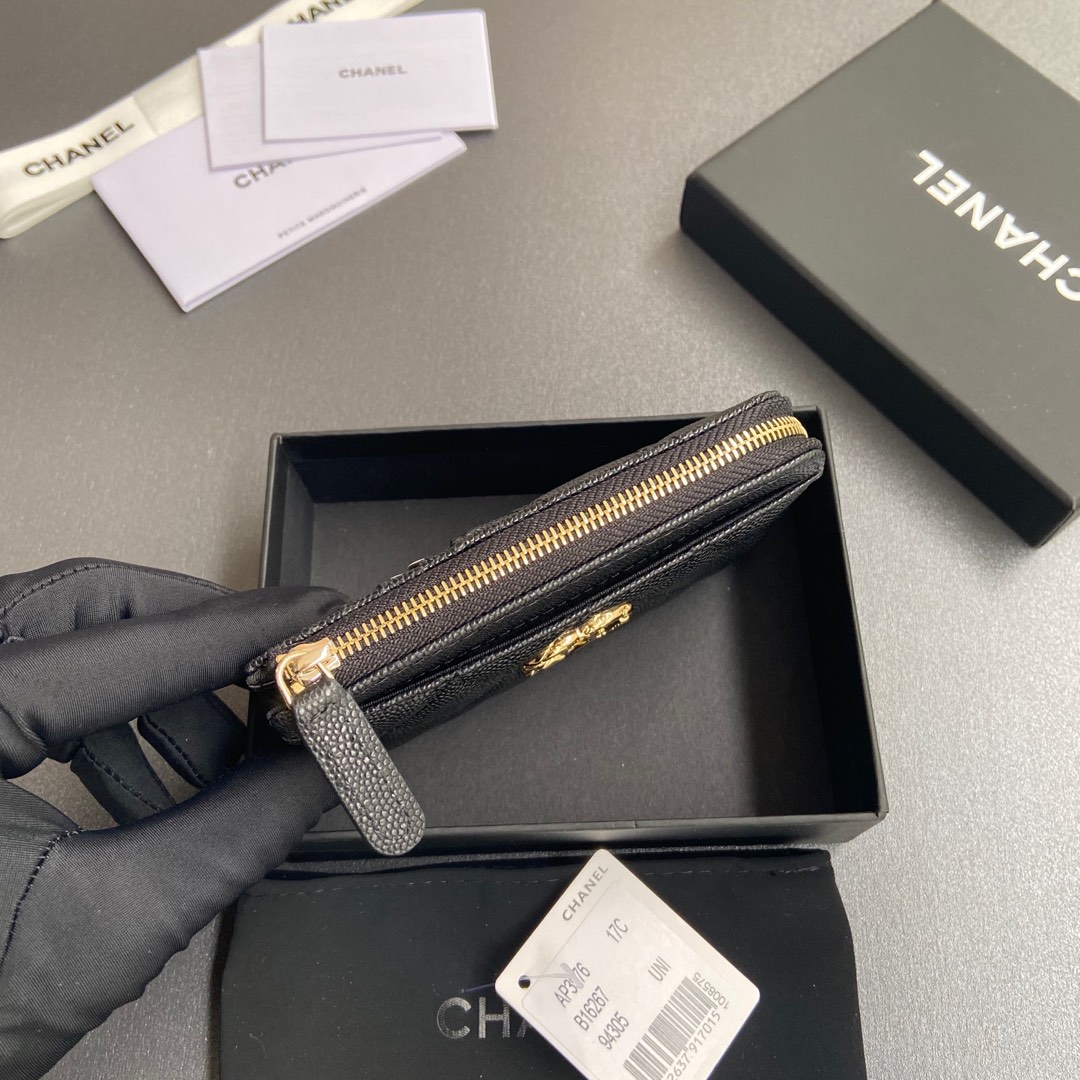 [TOP] CHANEL Zipper Card Holder Calfskin 13x9x2cm - Black & GHW