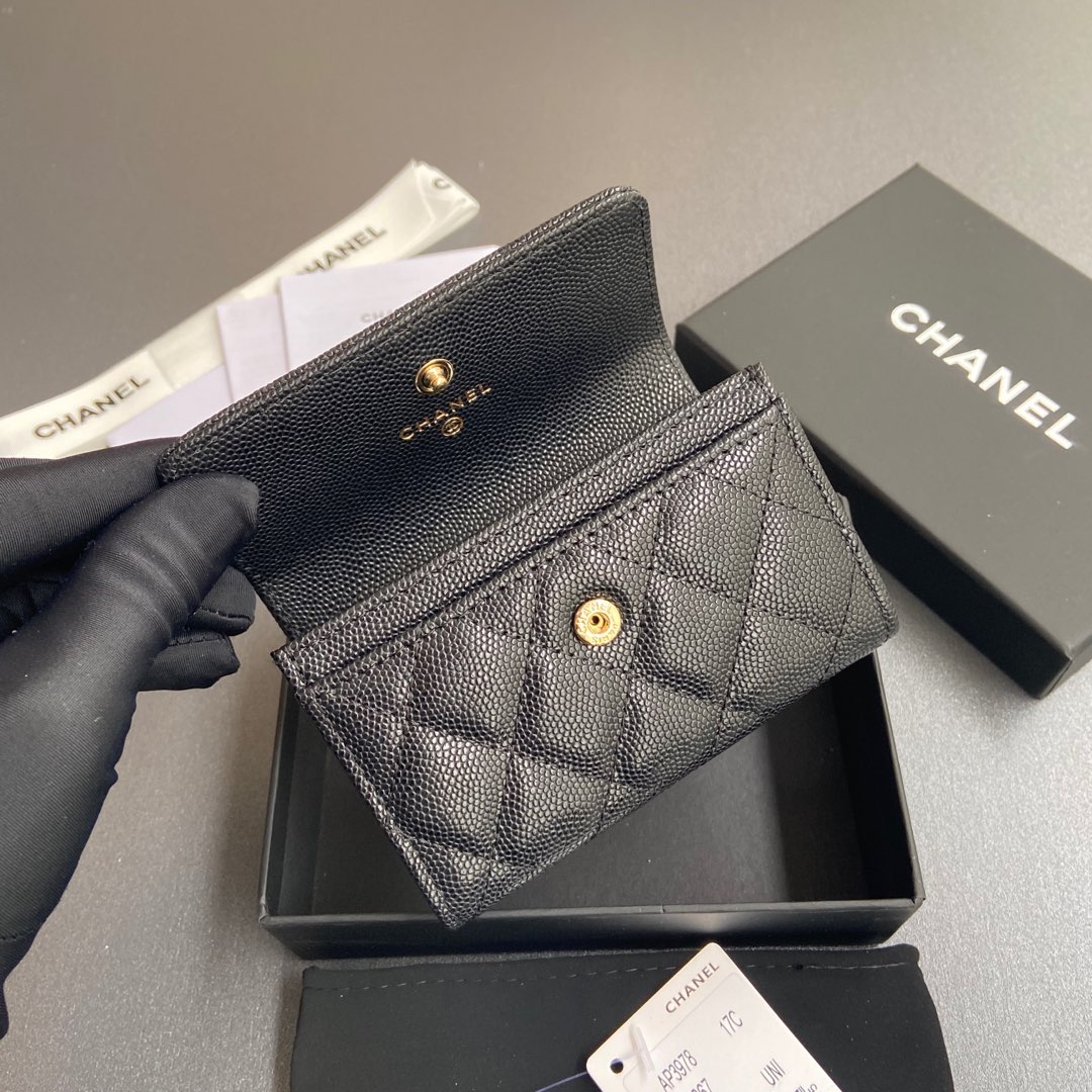 [TOP] CHANEL Card Holder Calfskin 11x7cm - Black & GHW