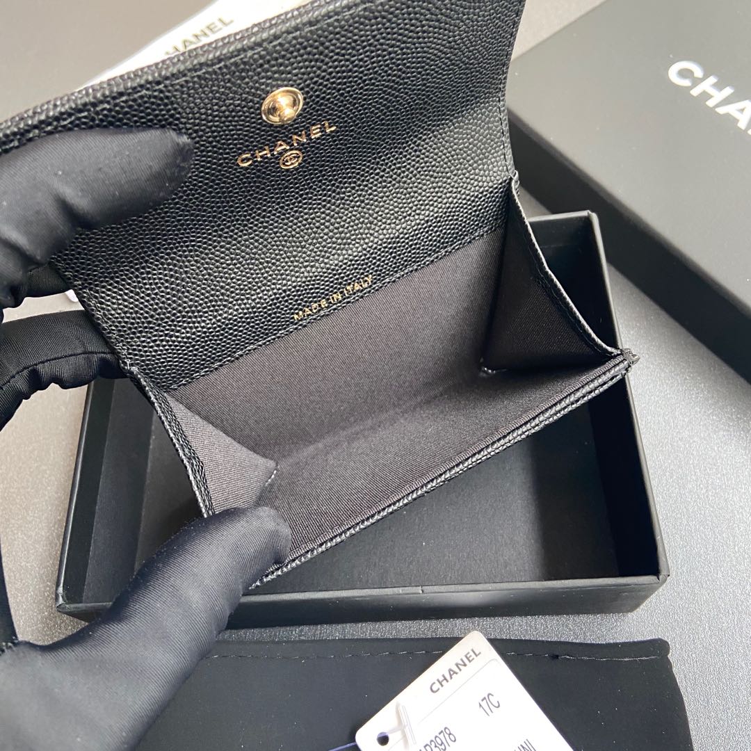 [TOP] CHANEL Card Holder Calfskin 11x7cm - Black & GHW