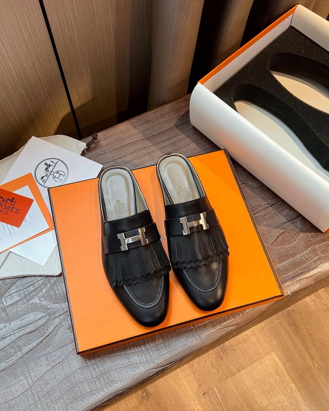 [TOP] HERMES Rivoli Mules - Black & SHW