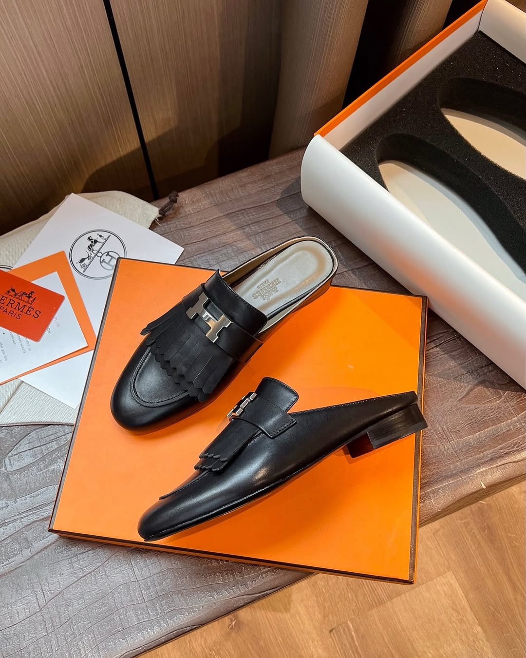 [TOP] HERMES Rivoli Mules - Black & SHW