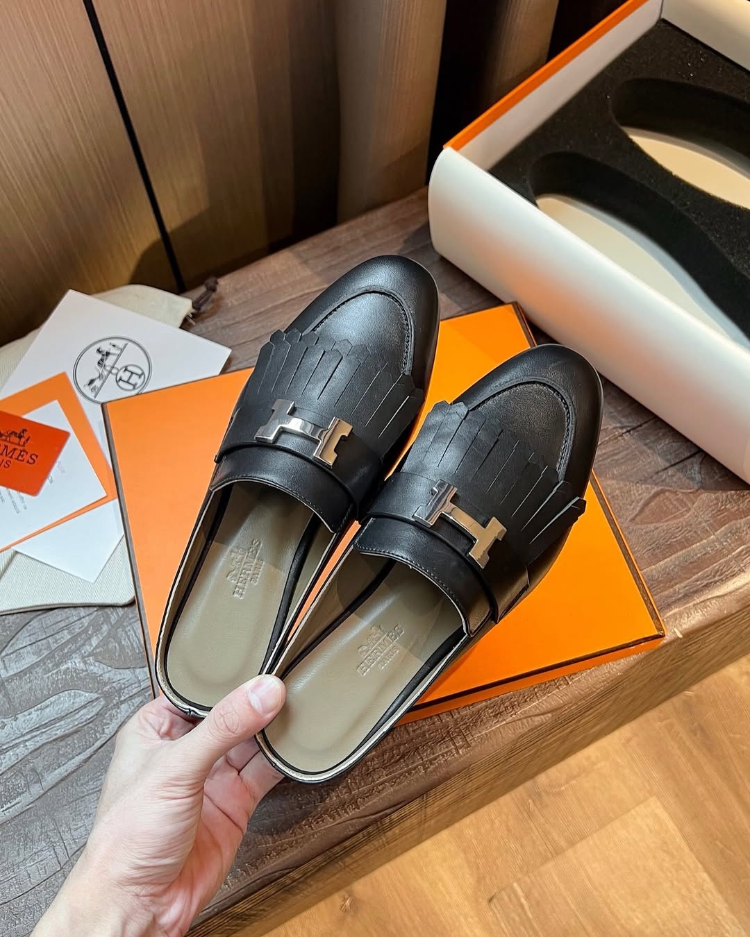 [TOP] HERMES Rivoli Mules - Black & SHW