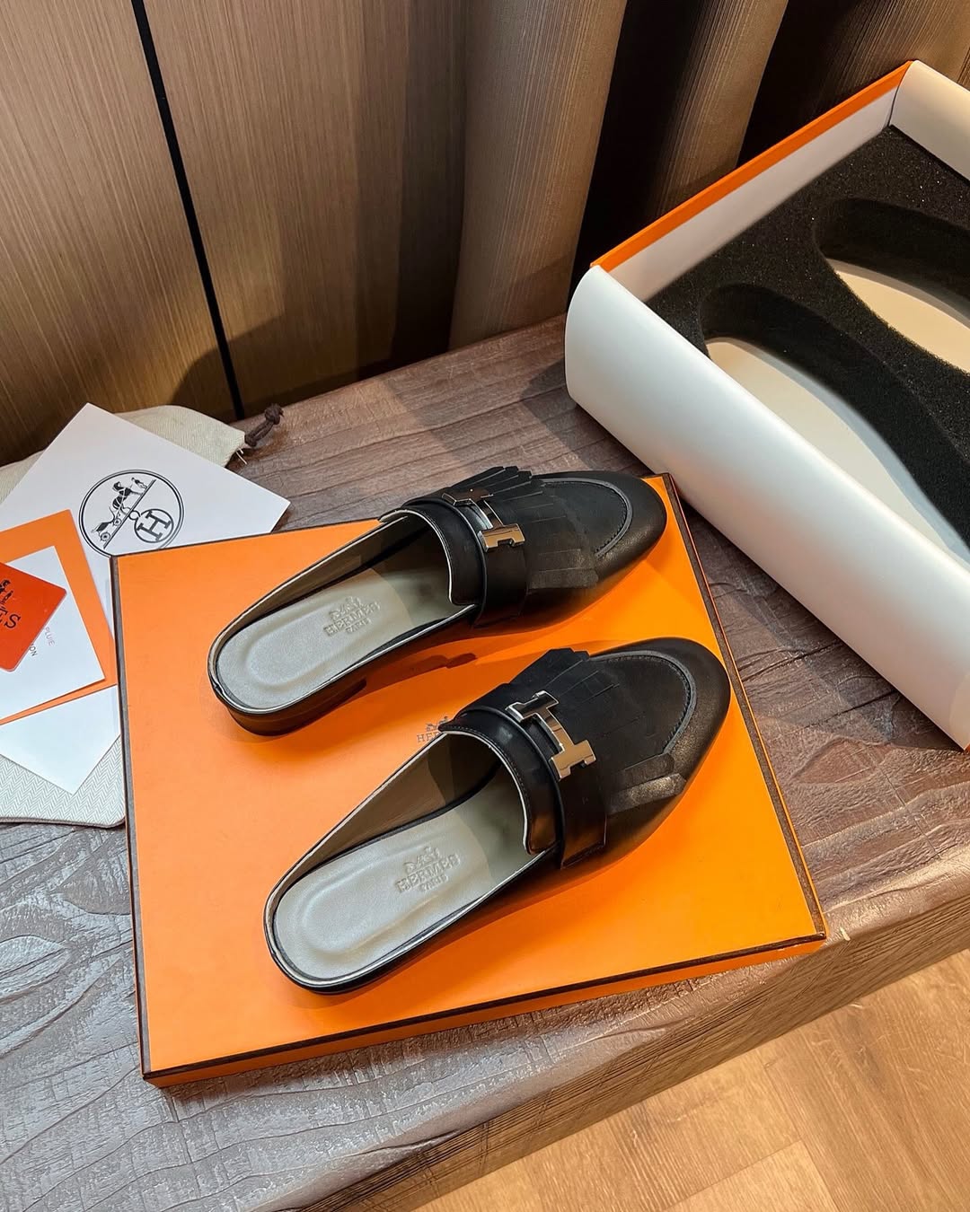 [TOP] HERMES Rivoli Mules - Black & SHW