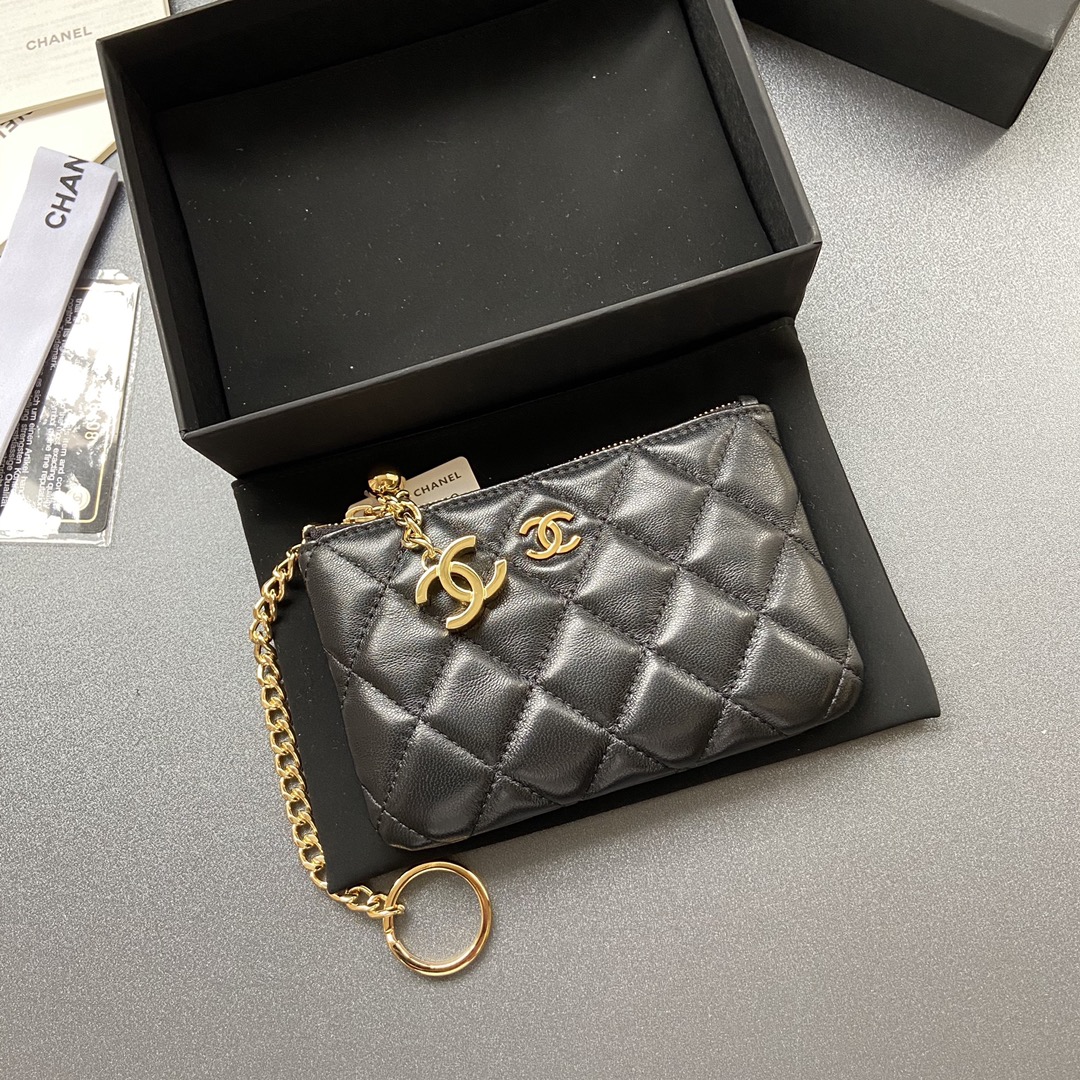 [TOP] CHANEL Calfskin/Lambskin Wallets 14x9.5cm - Black