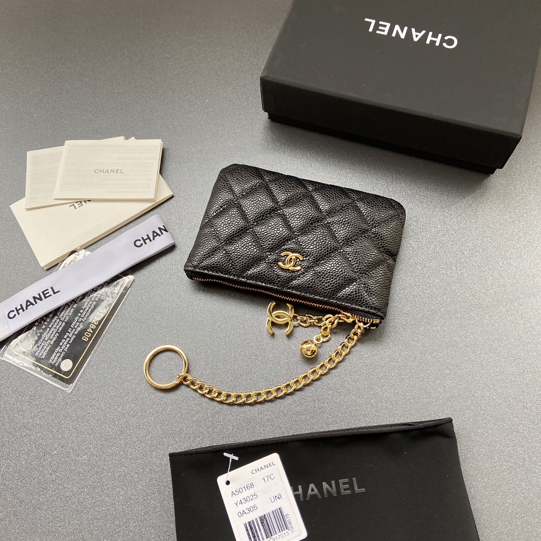 [TOP] CHANEL Calfskin/Lambskin Wallets 14x9.5cm - Black