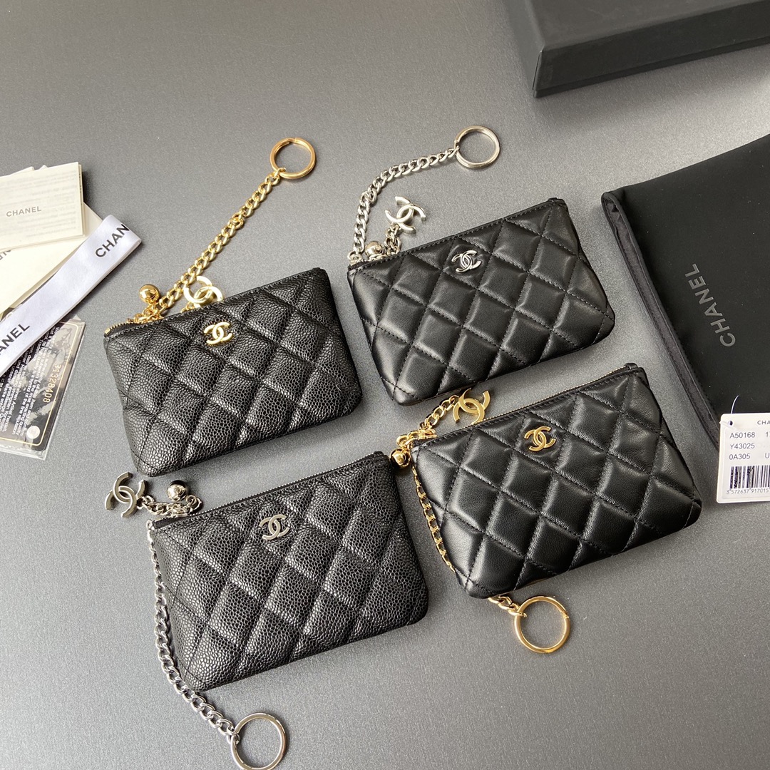 [TOP] CHANEL Calfskin/Lambskin Wallets 14x9.5cm - Black