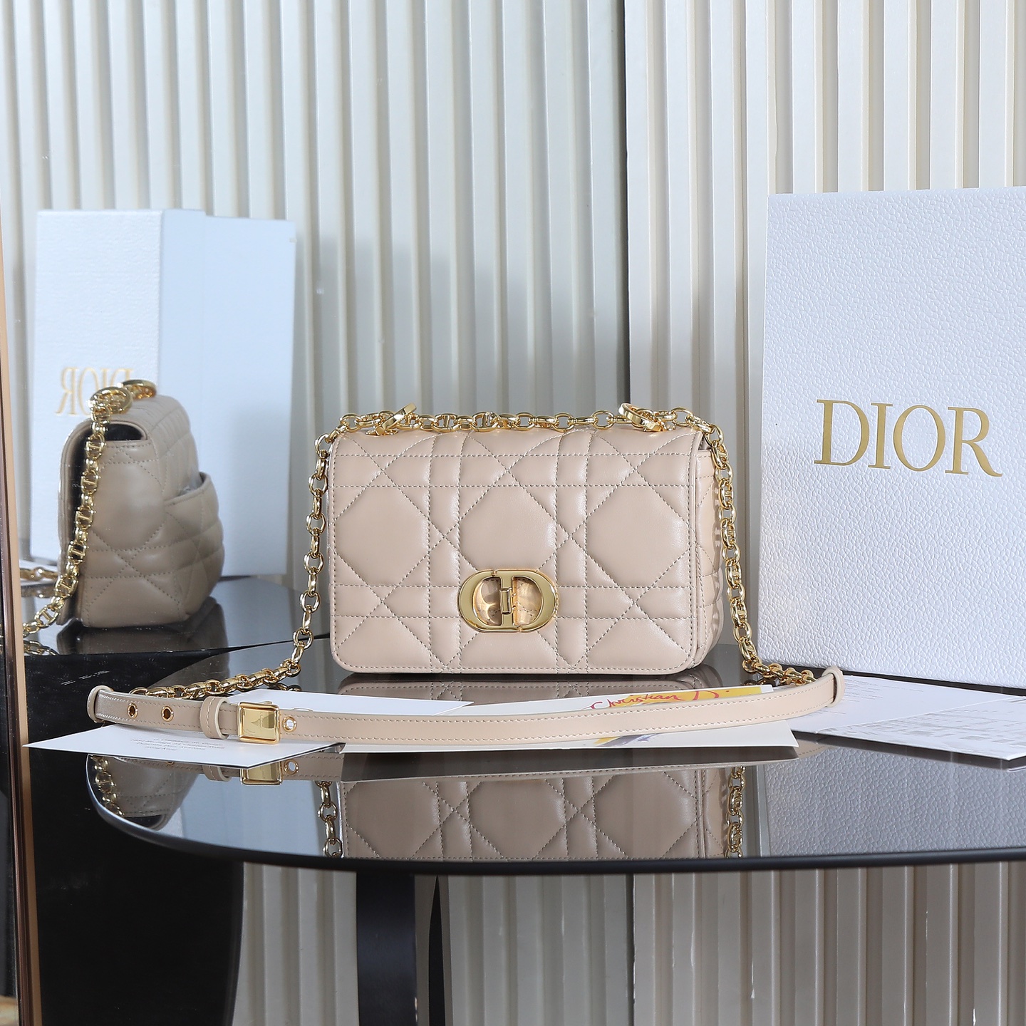 [TOP] Christian Dior CD Soft Caro Bag 20x13x7cm/25x16x9cm - Beige & GHW