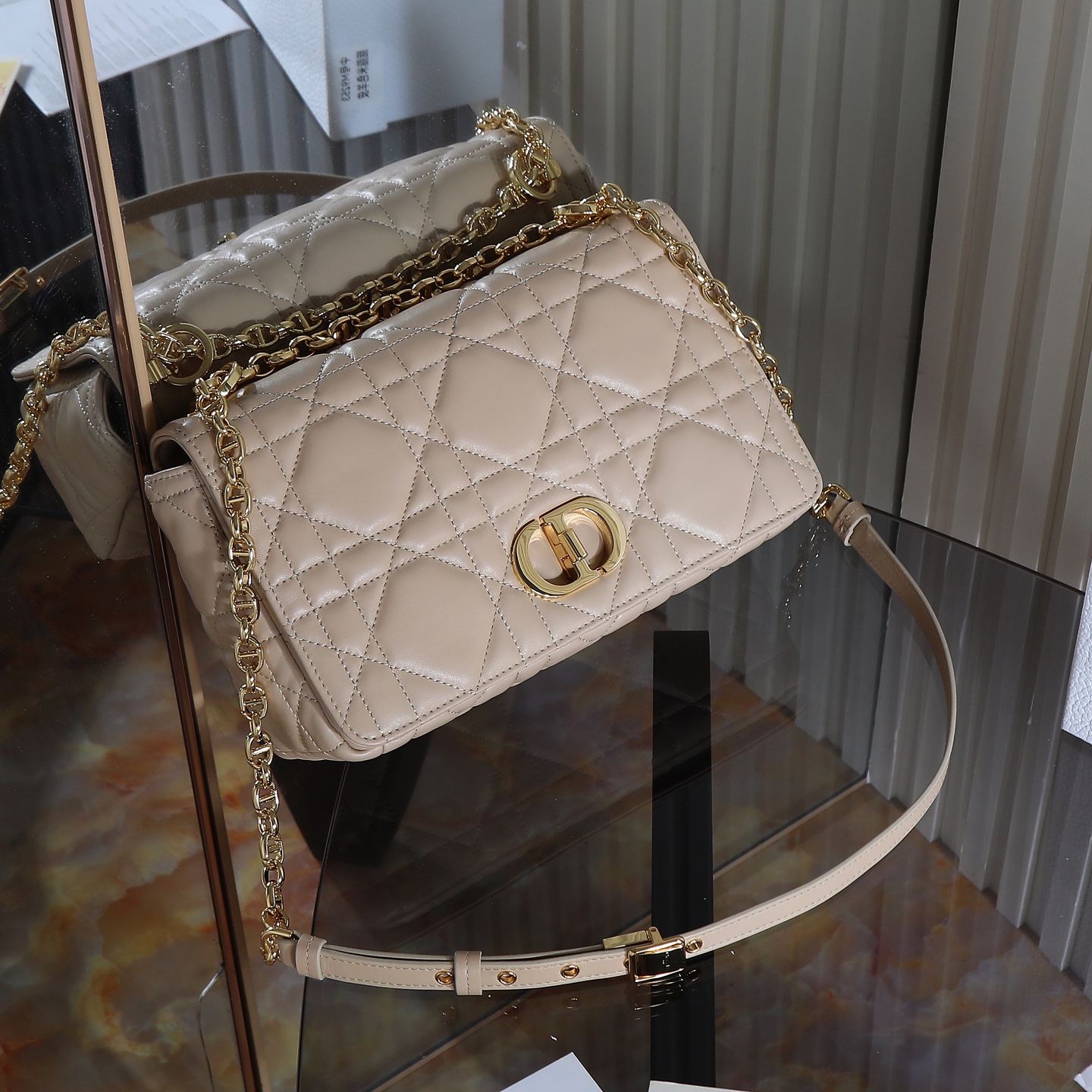[TOP] Christian Dior CD Soft Caro Bag 20x13x7cm/25x16x9cm - Beige & GHW