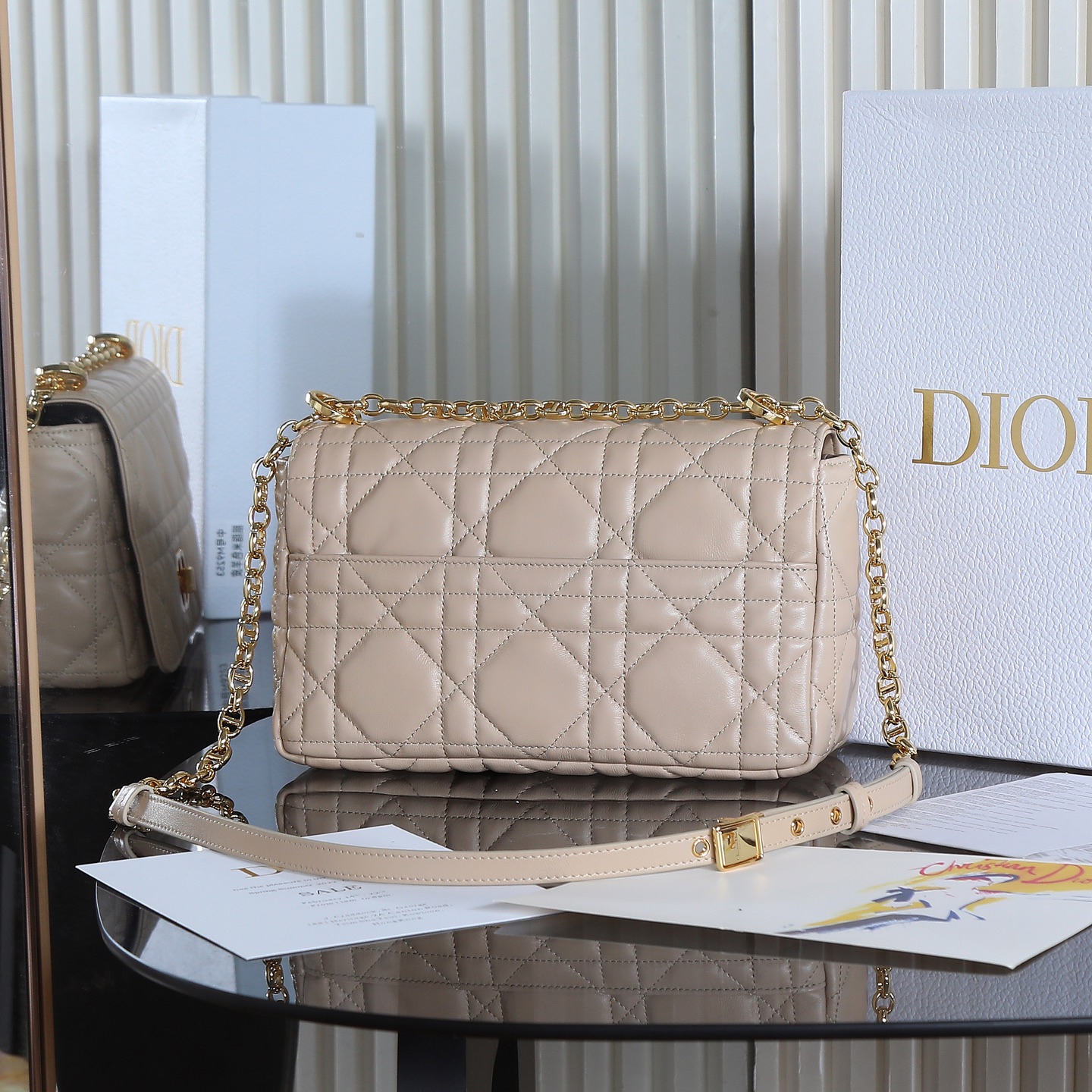 [TOP] Christian Dior CD Soft Caro Bag 20x13x7cm/25x16x9cm - Beige & GHW
