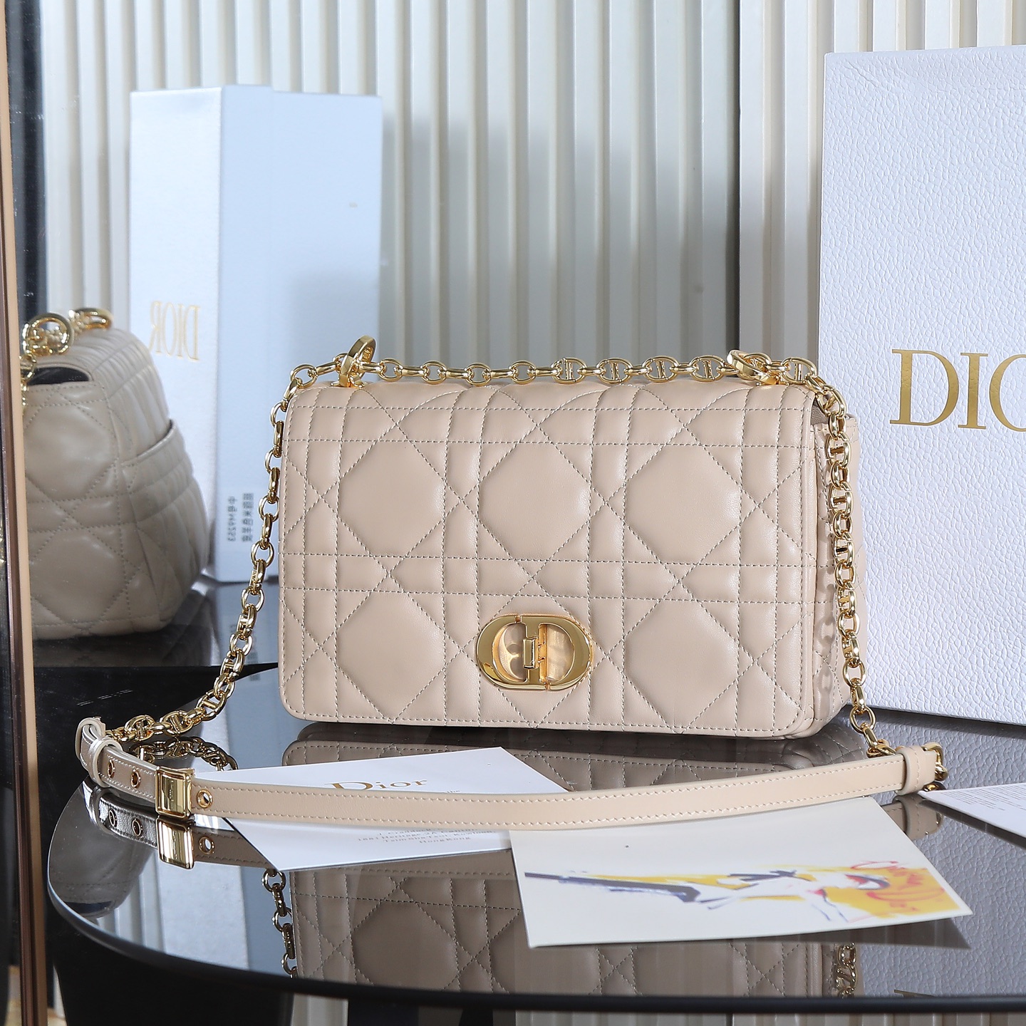 [TOP] Christian Dior CD Soft Caro Bag 20x13x7cm/25x16x9cm - Beige & GHW