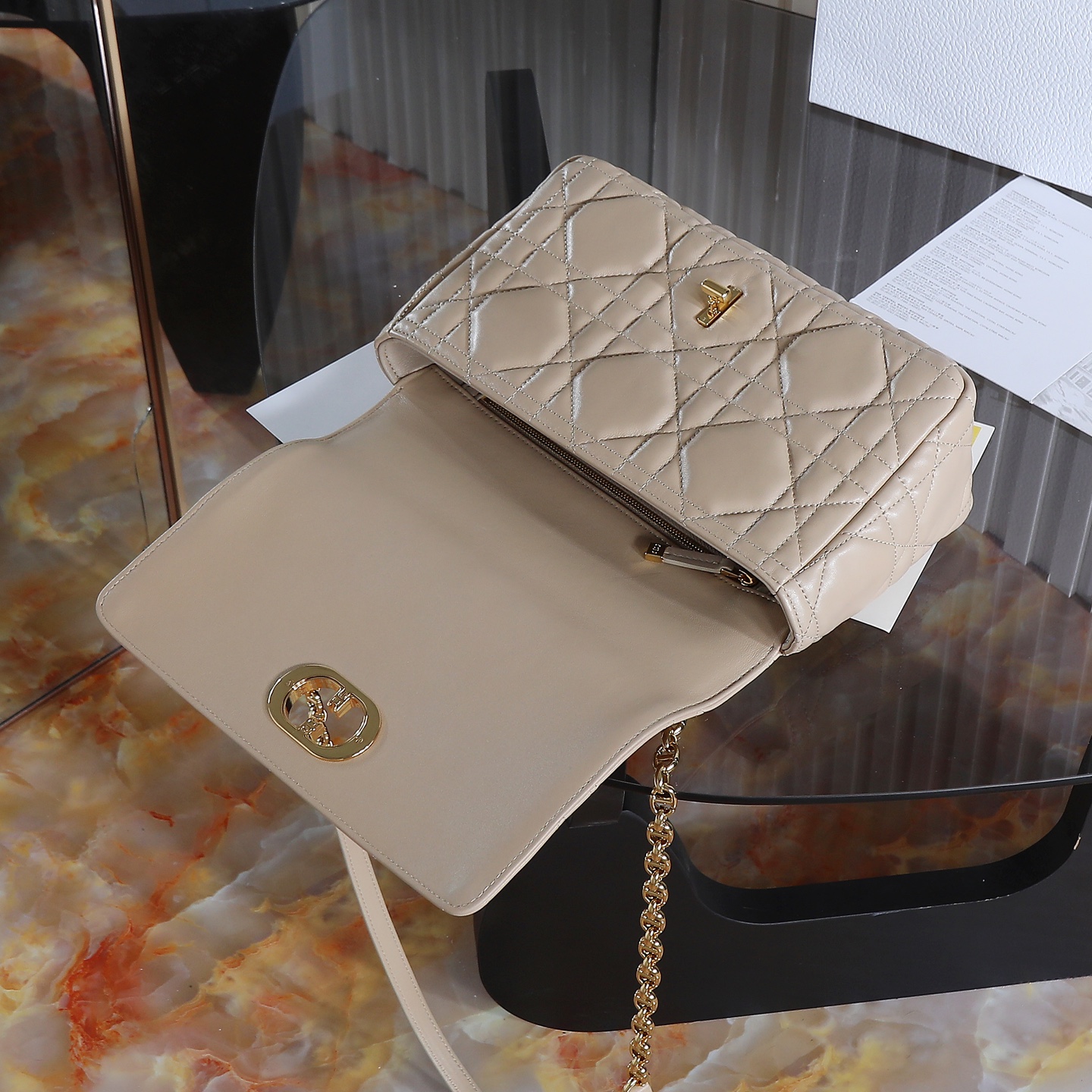 [TOP] Christian Dior CD Soft Caro Bag 20x13x7cm/25x16x9cm - Beige & GHW