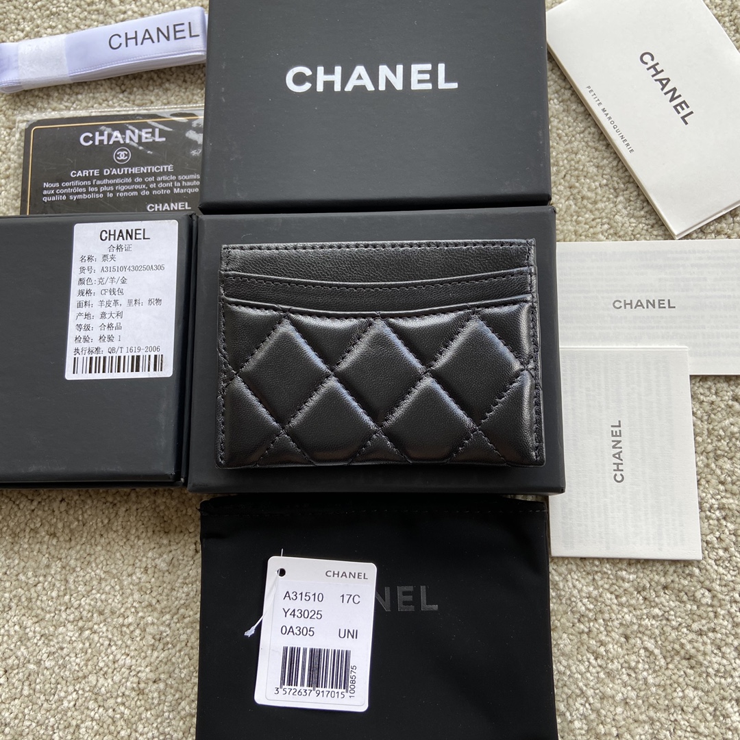 [TOP] CHANEL Cardholder Lambskin 11x7.5cm - Black & GHW/SHW