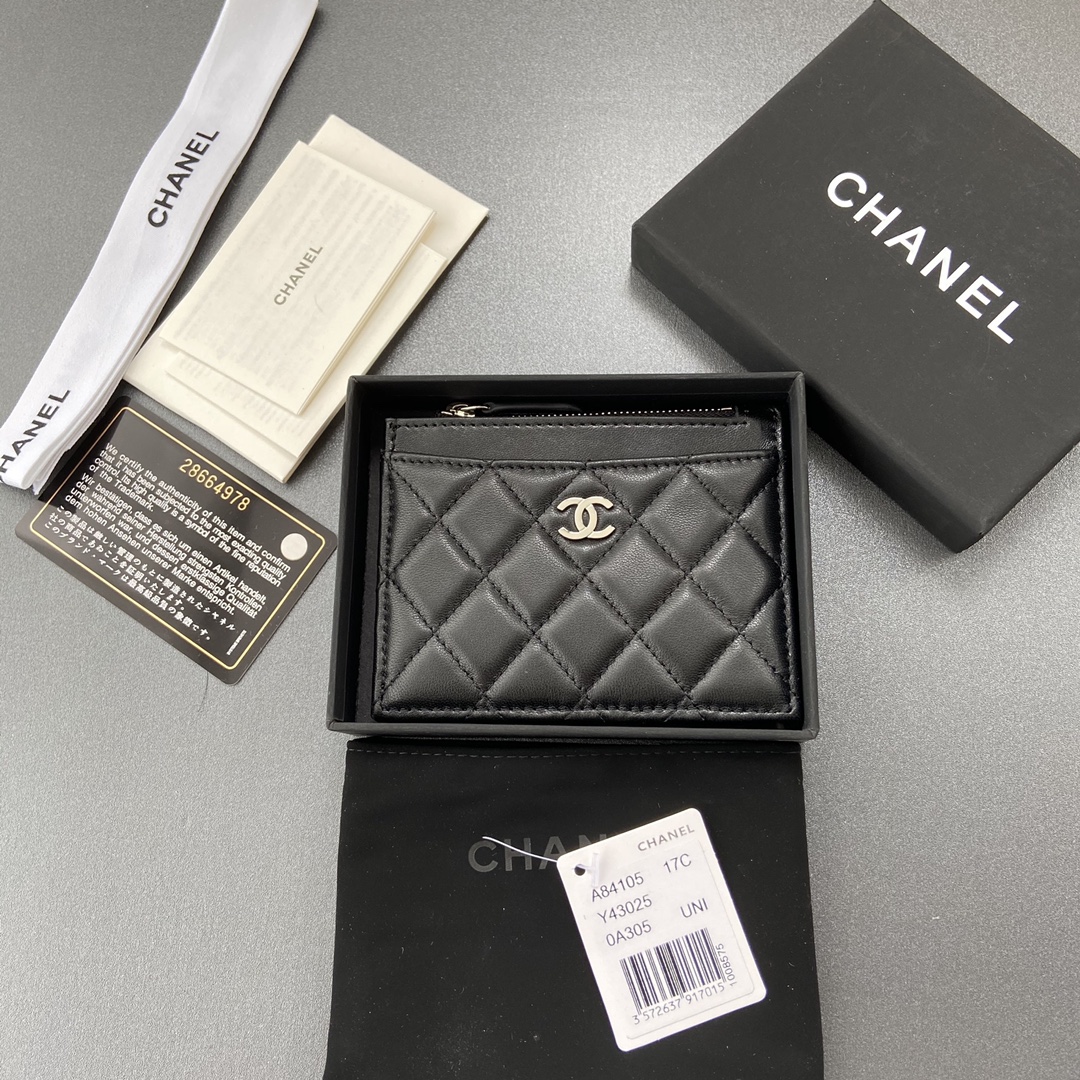 [TOP] CHANEL Cardholder Lambskin 11.5x9cm - Black & GHW/SHW