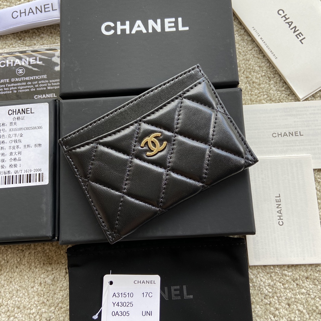 [TOP] CHANEL Cardholder Lambskin 11x7.5cm - Black & GHW/SHW